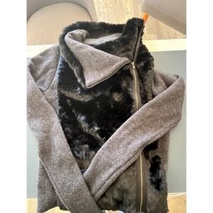 LOFT Women's Asymmetrical Zip Knit Jacket Faux Fur Trim Gray XS